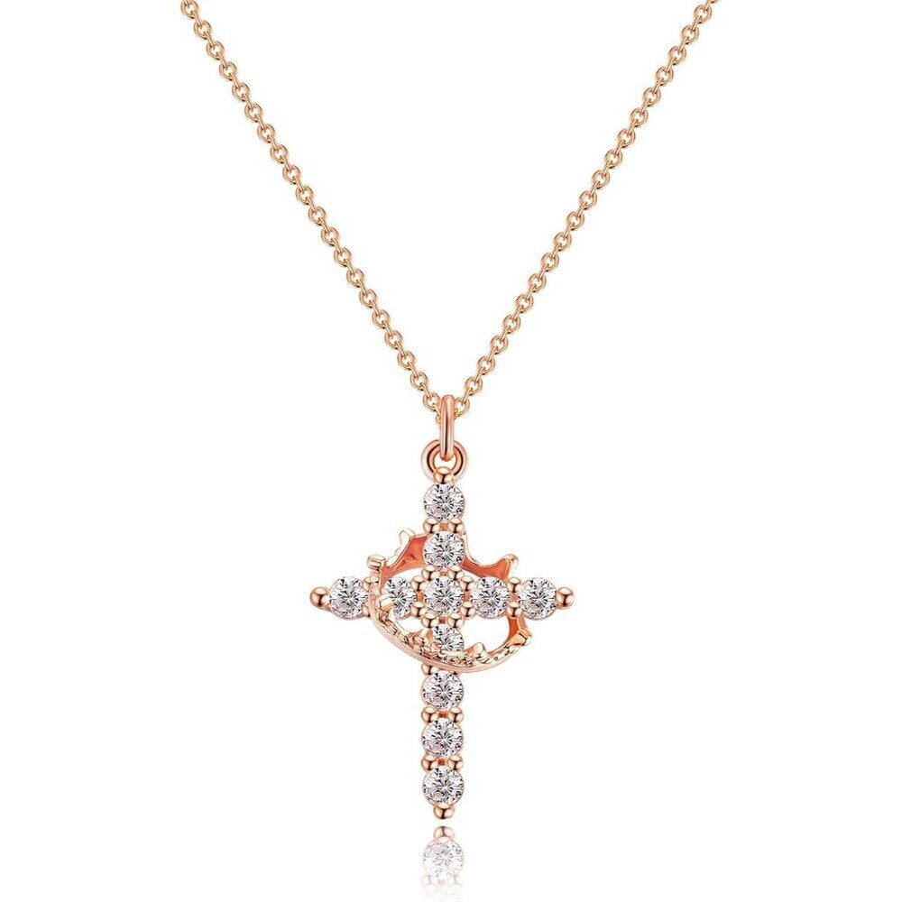 Womens Crown Cross Rose 14K Gold Plated Crown Cross Necklace - Non-Tarnish Faith